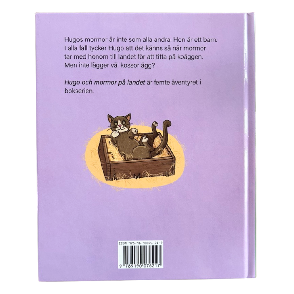 Hugo och Mormor på landet, barnbok, baksida med katt i en halmfylld låda